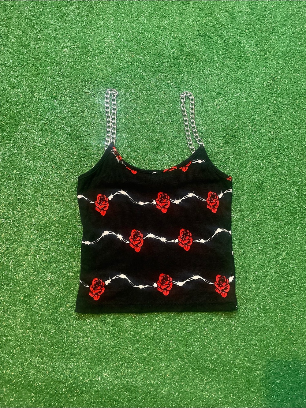Black Rose-Print Camisole with Silver Chain Straps
